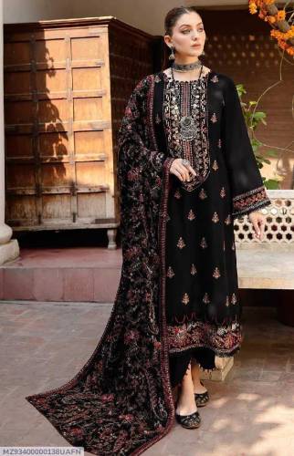3 Pcs Women's Unstitched DhanakEmbroidered Suit