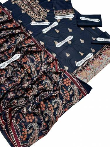 3 Pcs Women's Unstitched DhanakEmbroidered Suit