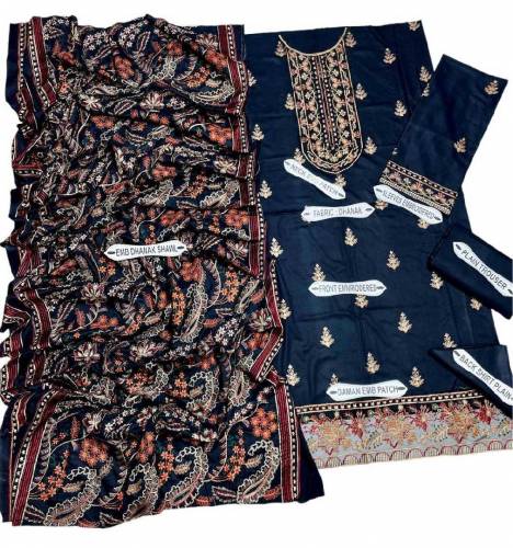 3 Pcs Women's Unstitched DhanakEmbroidered Suit