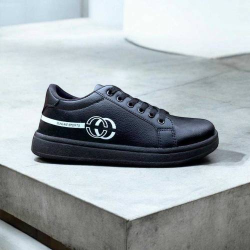 Stylish men black sneakers. Casual senthetic lather footwear