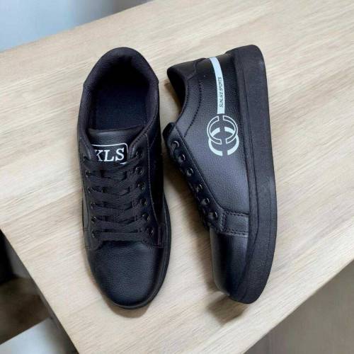 Stylish men black sneakers. Casual senthetic lather footwear