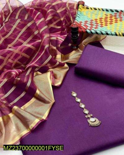 3 PC's Women Unstitched Katan Silk Plain Suit