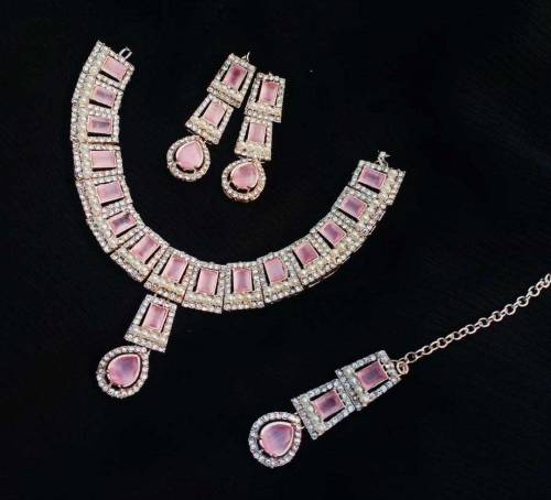 Elegant Fancy Gold Plated Necklace Set with White Stones - 3 Pieces 