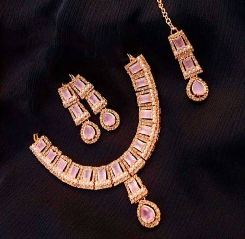Elegant Fancy Gold Plated Necklace Set with White Stones - 3 Pieces 