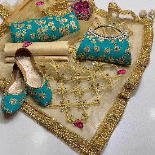 Fancy wear unstitched dress 5pc (shirt trouser Dupatta purse khussa)