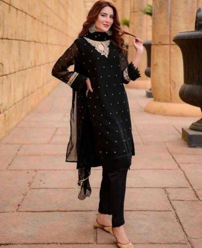 3 PCs Woman Unstitched Chiffon Embroidered Suit 