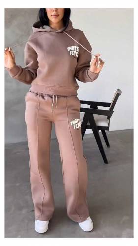 Stylish 2 Pcs printed Fleece Hooded Shirt and Trouser Set forWomen