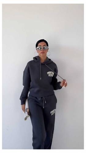 Stylish 2 Pcs printed Fleece Hooded Shirt and Trouser Set forWomen