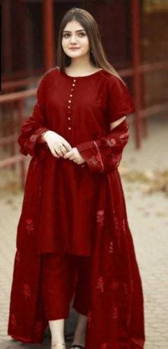 3pcs women's stitched gown suit in maroon katan silk with embroidered 