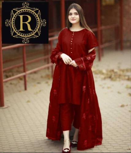3pcs women's stitched gown suit in maroon katan silk with embroidered 