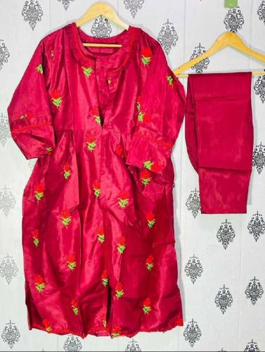 3pcs women's stitched gown suit in maroon katan silk with embroidered 