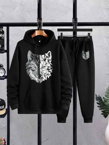 2 Pcs Men's Printed Fleece Hoodie Track Suit 