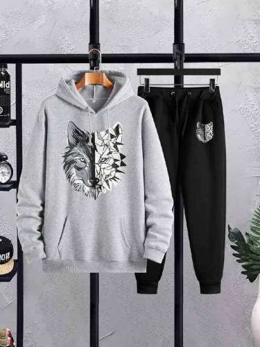 2 Pcs Men's Printed Fleece Hoodie Track Suit 