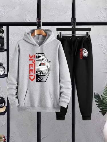 2 Pcs Men's Printed Fleece Hoodie Track Suit 