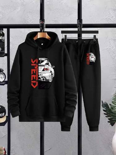2 Pcs Men's Printed Fleece Hoodie Track Suit 