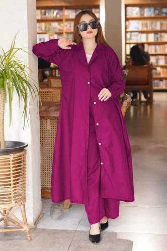 2 Pcs Chic Women's Stitched Plain Cotton Overcoat with Trouser, Magent