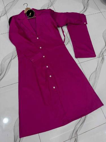 2 Pcs Chic Women's Stitched Plain Cotton Overcoat with Trouser, Magent