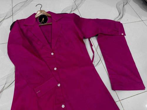 2 Pcs Chic Women's Stitched Plain Cotton Overcoat with Trouser, Magent