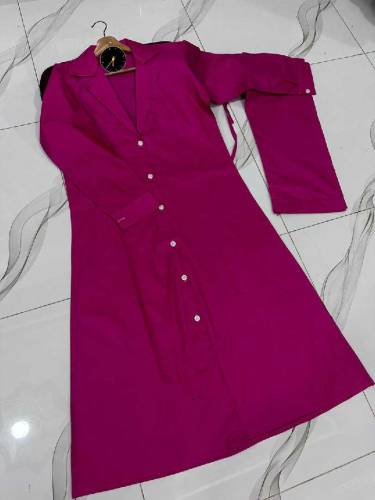 2 Pcs Chic Women's Stitched Plain Cotton Overcoat with Trouser, Magent