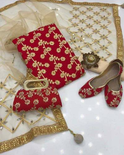 5 Pcs Women's Unstitched Fancy Crinkle Chiffon Embroidered Suit