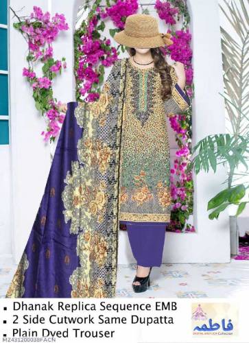 3 pcs woman's unstitched printed Embroidered suit 