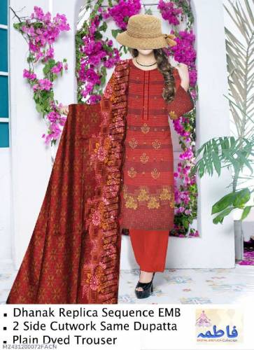 3 pcs woman's unstitched printed Embroidered suit 
