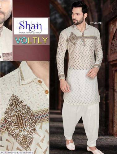 Eid gift men's self print cotton kurta with shawalr