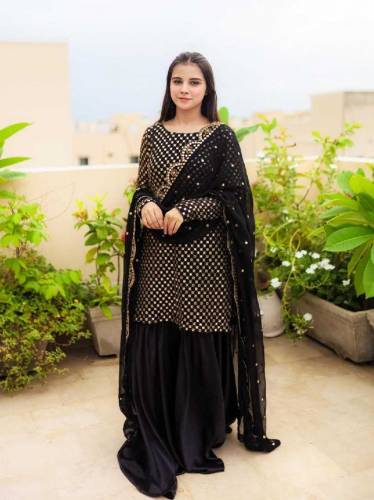 Stunning Black Chiffon Embroidered Gharara Shirt Set 3 pcs