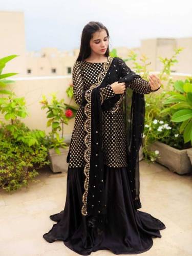 Stunning Black Chiffon Embroidered Gharara Shirt Set 3 pcs