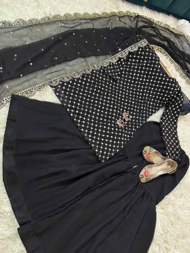 Stunning Black Chiffon Embroidered Gharara Shirt Set 3 pcs