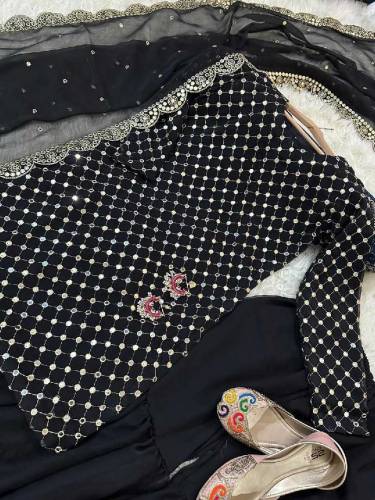 Stunning Black Chiffon Embroidered Gharara Shirt Set 3 pcs