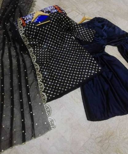 Stunning Black Chiffon Embroidered Gharara Shirt Set 3 pcs