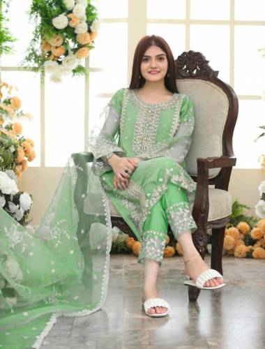 Chic Embroided Organza suit- 3 Pcs in Green