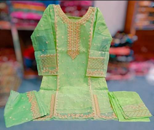 Chic Embroided Organza suit- 3 Pcs in Green