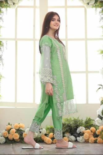 Chic Embroided Organza suit- 3 Pcs in Green