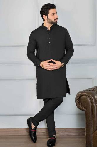 Men's 2 Pcs Black Kurta Pajama Set - Stylish Plain Black Wash & Wear 