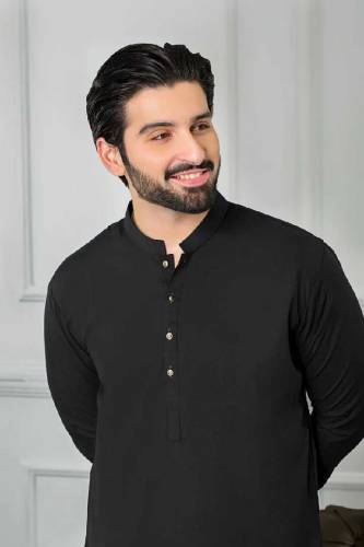 Men's 2 Pcs Black Kurta Pajama Set - Stylish Plain Black Wash & Wear 