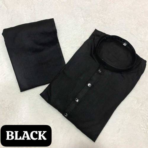 Men's 2 Pcs Black Kurta Pajama Set - Stylish Plain Black Wash & Wear 