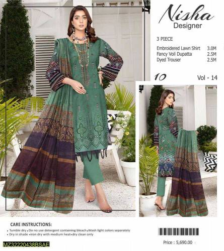 3 Pcs Women's Unstitched Lawn Printed Suit