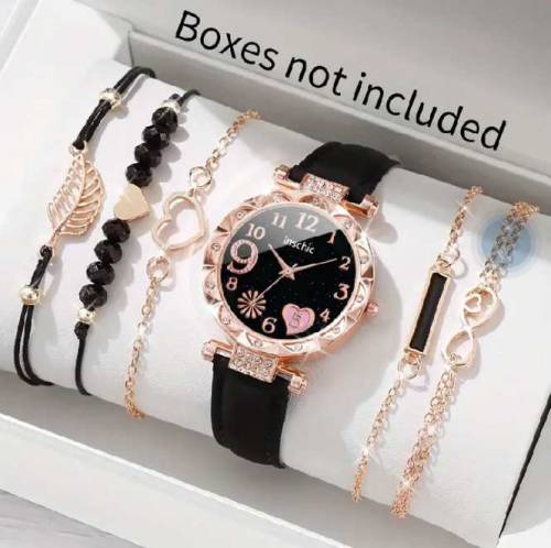 6PCS/Set Women's Watches Fashion Rhinestone Heart Dial Leather Band Qu
