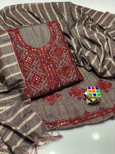  3 Pcs Women's Unstitched Jacquard Zari Tilla Embroider