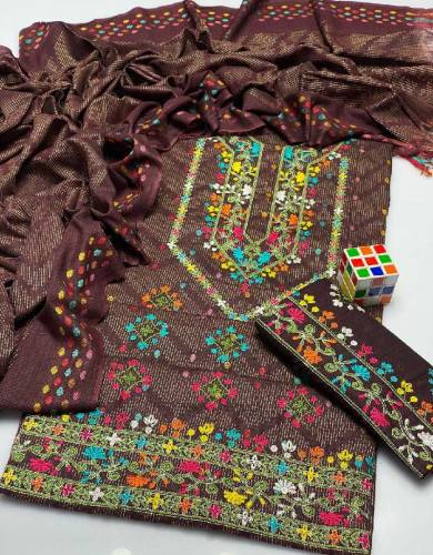  3 Pcs Women's Unstitched Jacquard Zari Tilla Embroider