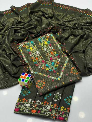  3 Pcs Women's Unstitched Jacquard Zari Tilla Embroider