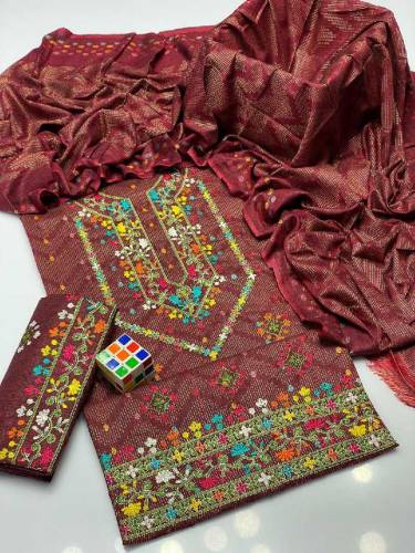  3 Pcs Women's Unstitched Jacquard Zari Tilla Embroider