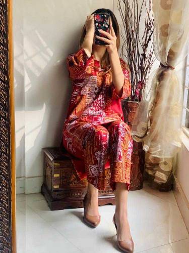 2 Pc Women's Stitched Linen printed suit 