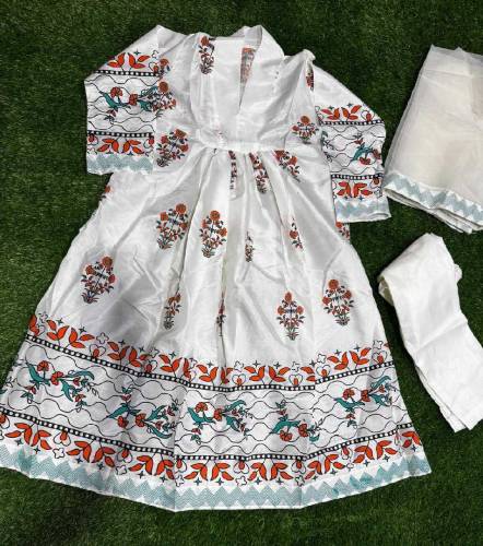 3 PCs Women Stitched katan Block Printed maxi suit 