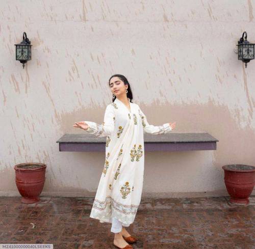 3 PCs Women Stitched katan Block Printed maxi suit 