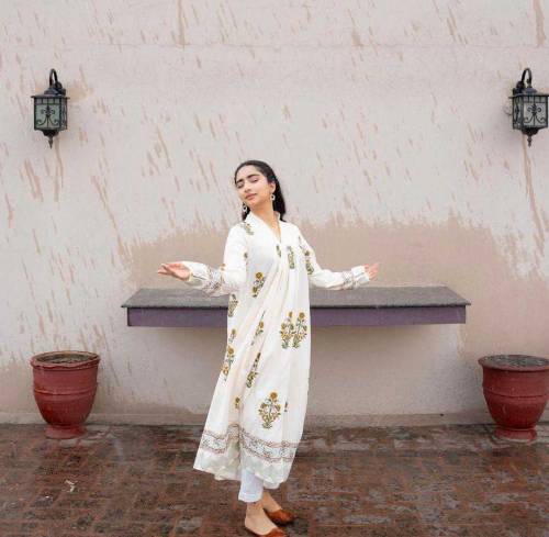 3 PCs Women Stitched katan Block Printed maxi suit 