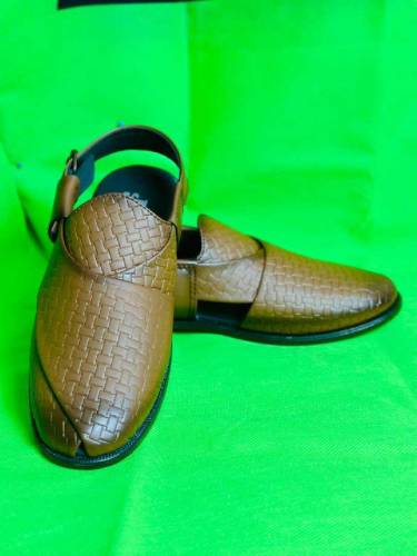 Elegant Men's Brown Textured PU Leather Peshawari Chappal - Formal & F