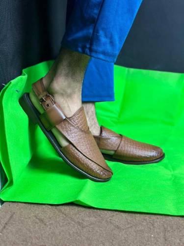Elegant Men's Brown Textured PU Leather Peshawari Chappal - Formal & F